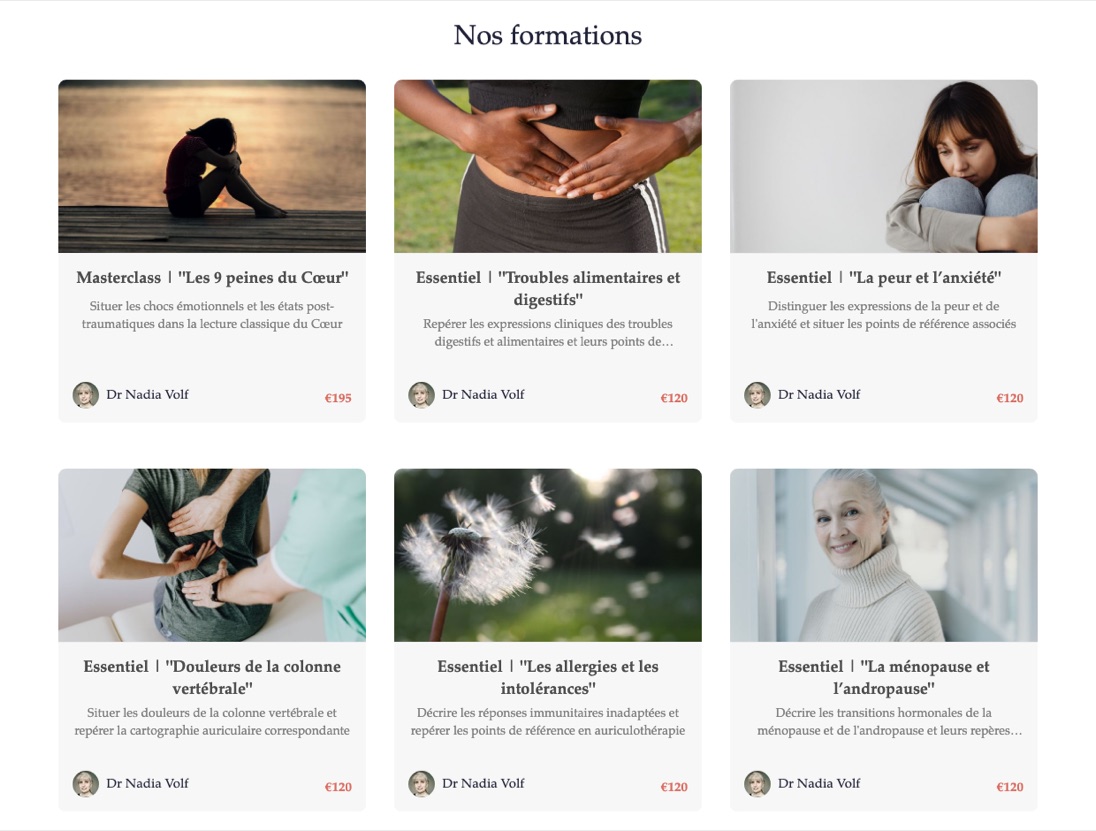 Capture de l'espace de formation en ligne : la rubrique « Nos formations » présente six replays en vignettes, chacun avec son visuel, son titre, son descriptif et son tarif.