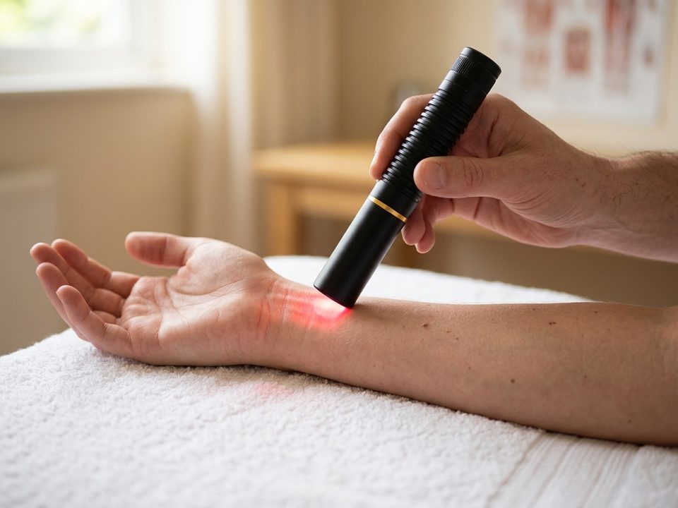 Le Laser Pen posé sur la face interne de l'avant-bras, au-dessus du poignet