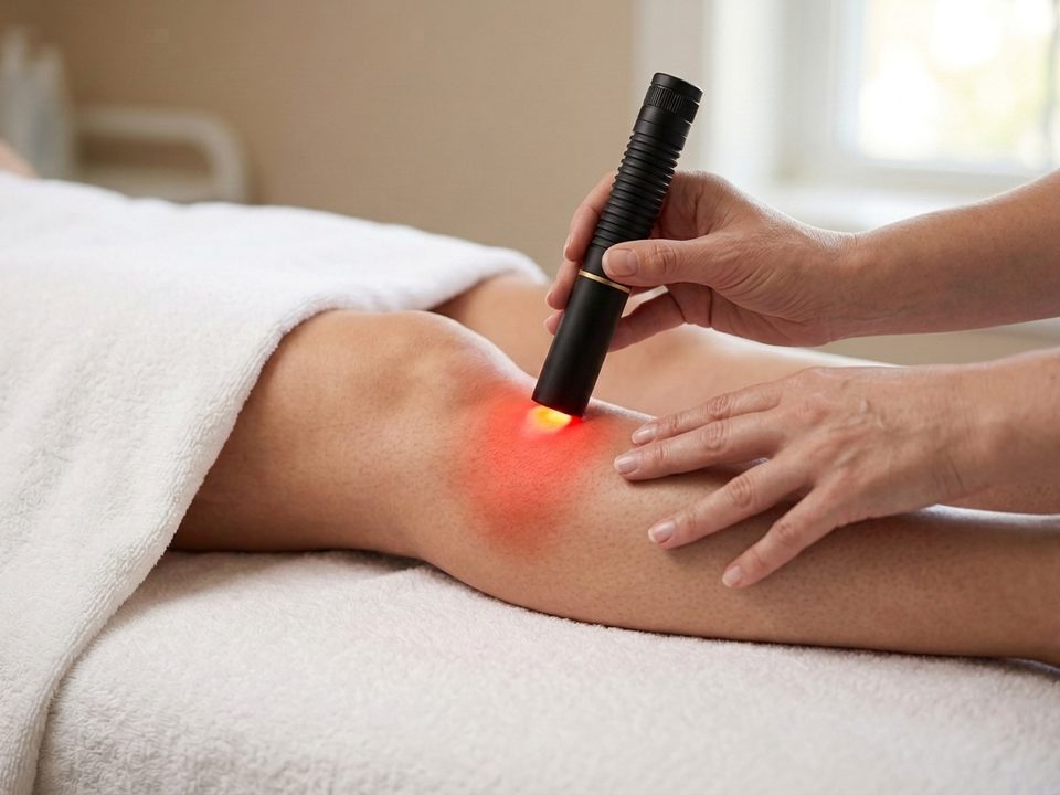Le Laser Pen posé sous le genou, sur la face externe de la jambe, patient allongé