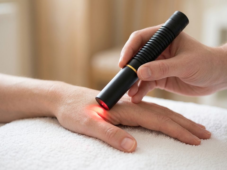 Le Laser Pen posé sur le dos de la main, entre le pouce et l'index, la lumière rouge diffuse sous la peau