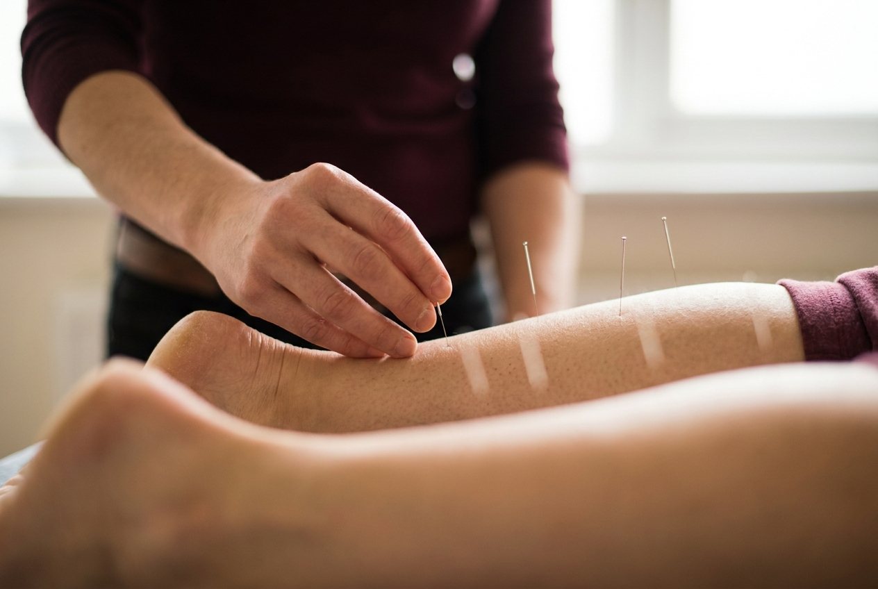 Gros plan sur des aiguilles d'acupuncture fines posées le long de la jambe d'un patient allongé