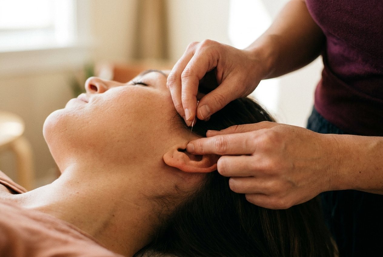 Gros plan sur l'oreille et la mâchoire d'un patient