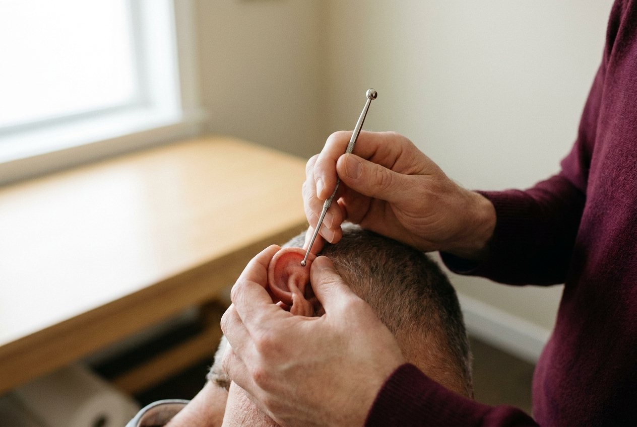 Gros plan sur l'oreille d'un homme d'âge mûr