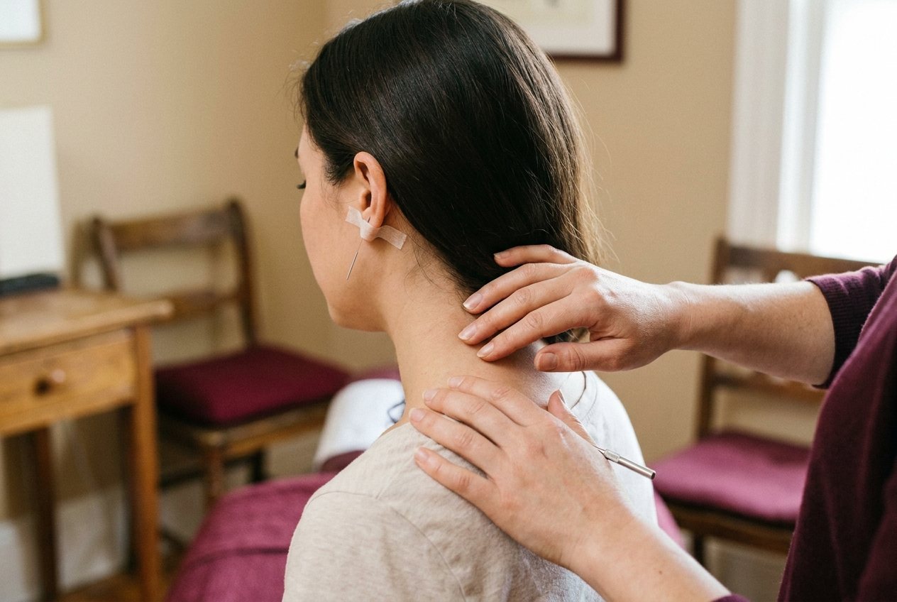 Une praticienne palpe délicatement la base du cou d'une patiente assise
