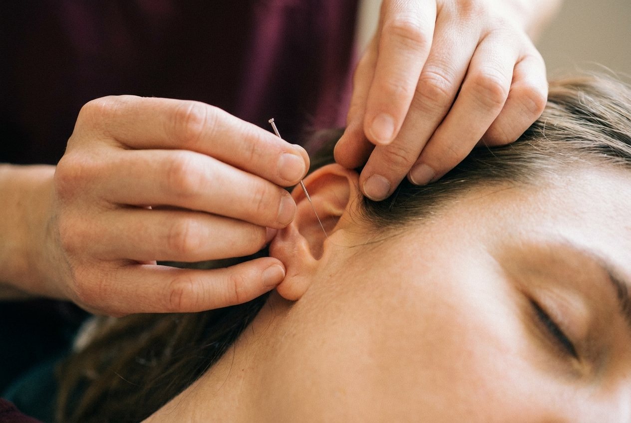 Gros plan sur une oreille et une tempe