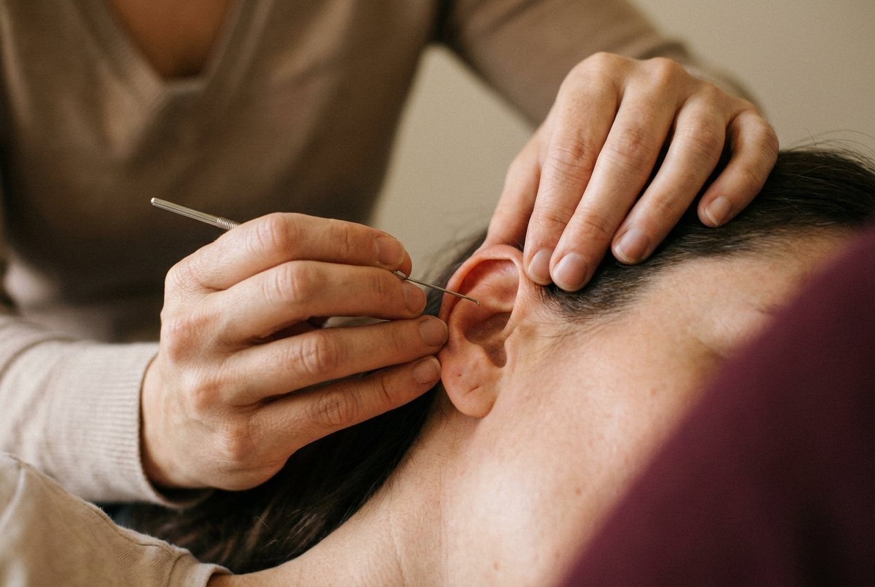 Gros plan sur des mains de praticienne qui stimulent un point du pavillon de l'oreille avec un palpeur métallique