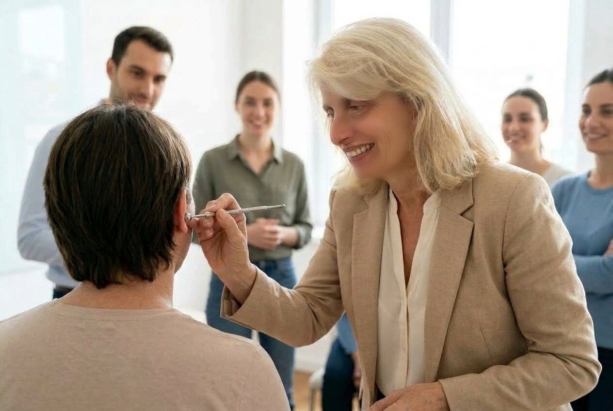 A trainer places a round-tipped probe on a patient's outer ear, in front of a small group of trainees